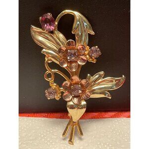 Vintage Gold Vermeil Sterling Silver Floral Brooch With Pink & Purple Glass Ston